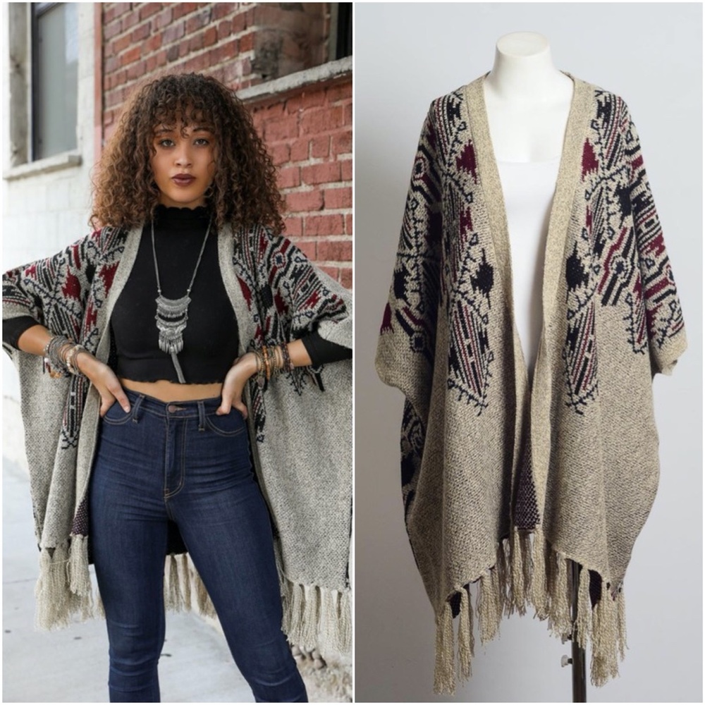 Cozy Tribal print ruana wrap Fringe poncho